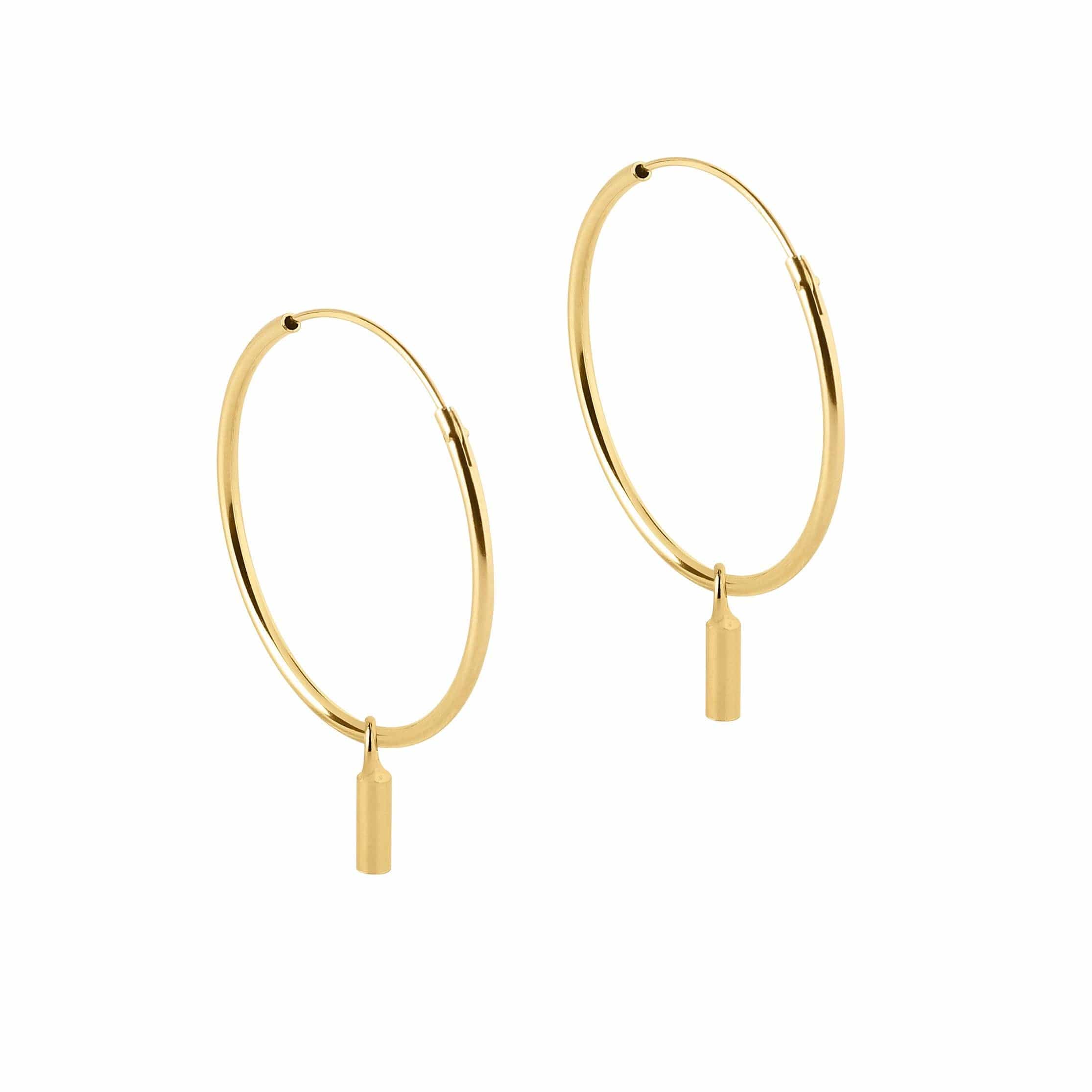 side view Hoop earrings gold plated with a rod pendant 22mm