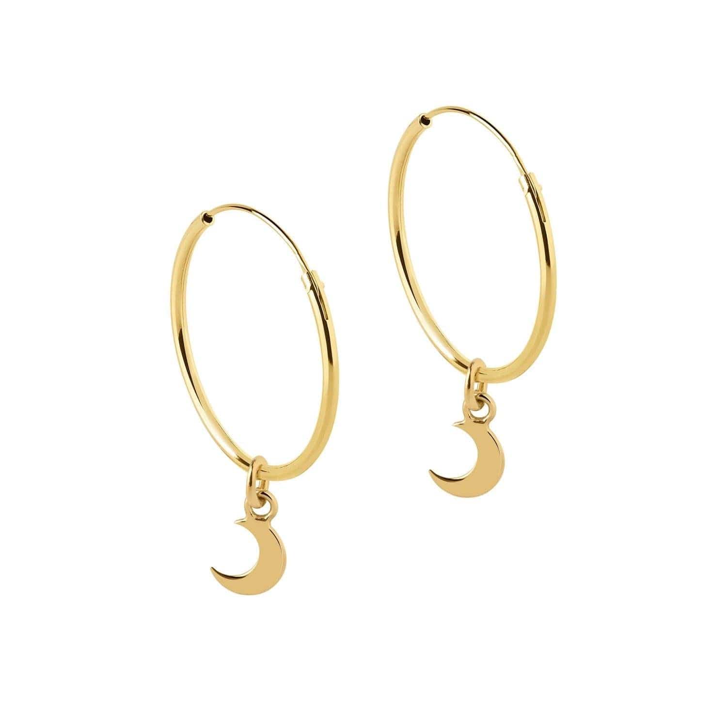 side view 18mm gold plated hoop with moon pendant