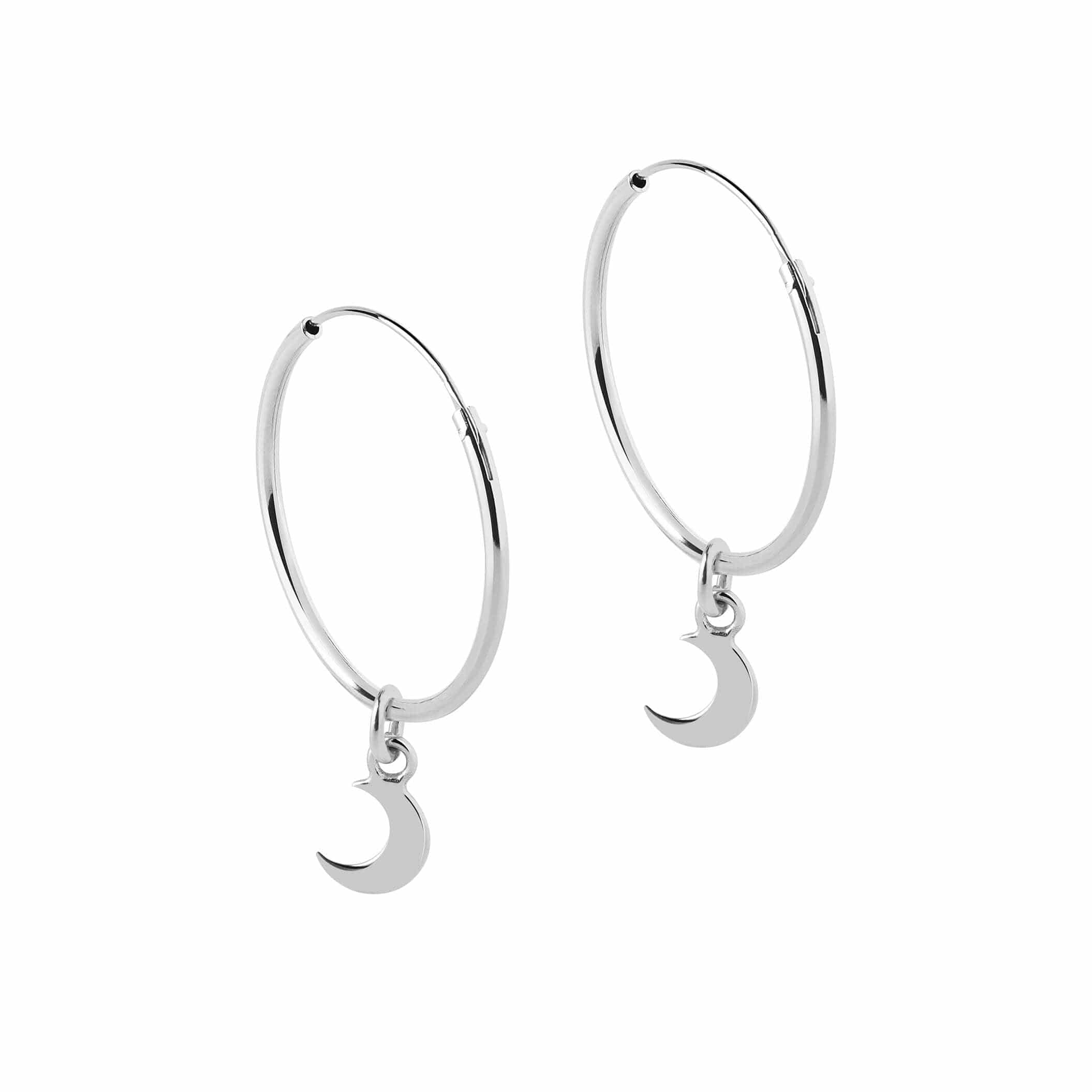 side view hoop earrings silver with moon pendant 18mm