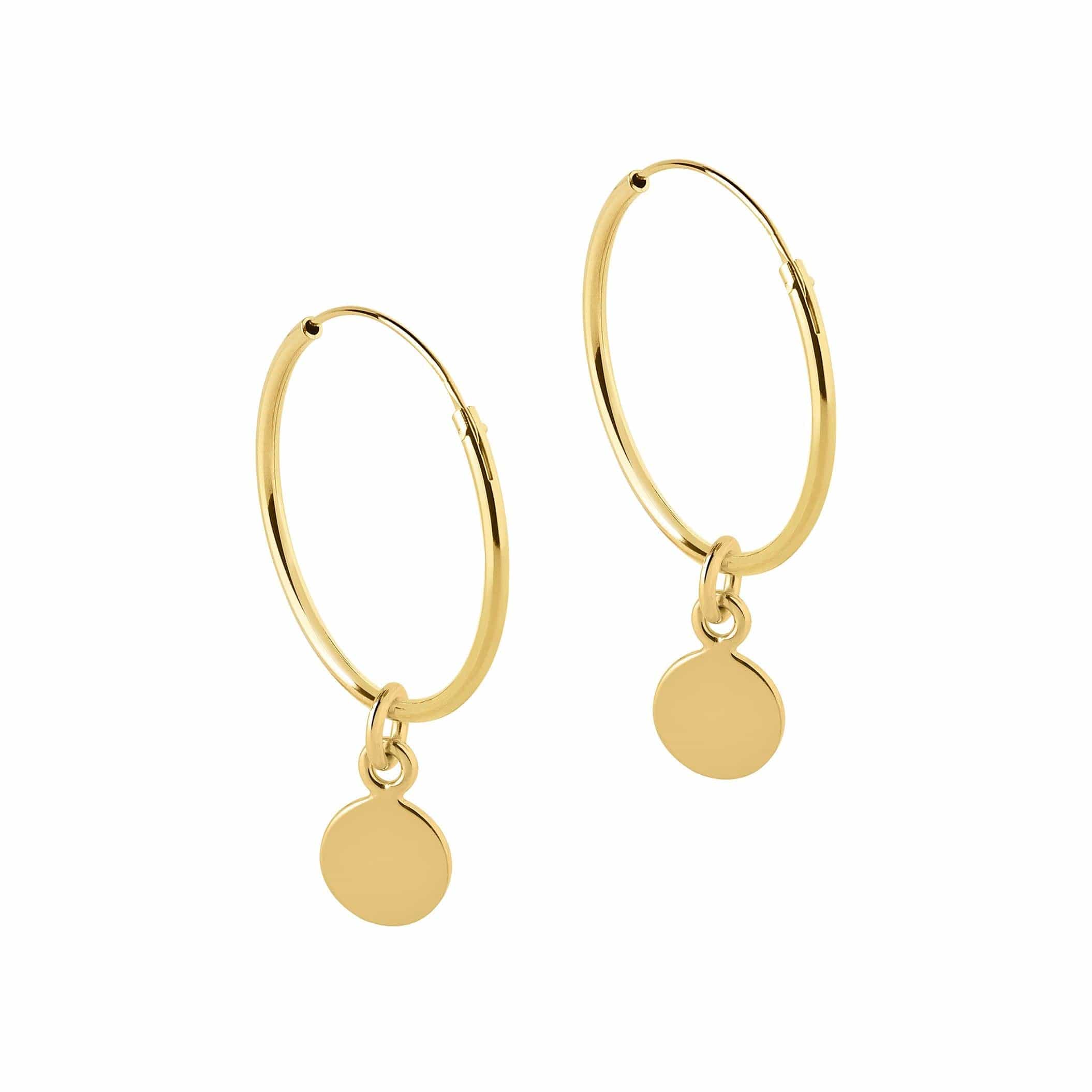 side view 18 mm gold plated hoop earrings with round pendant