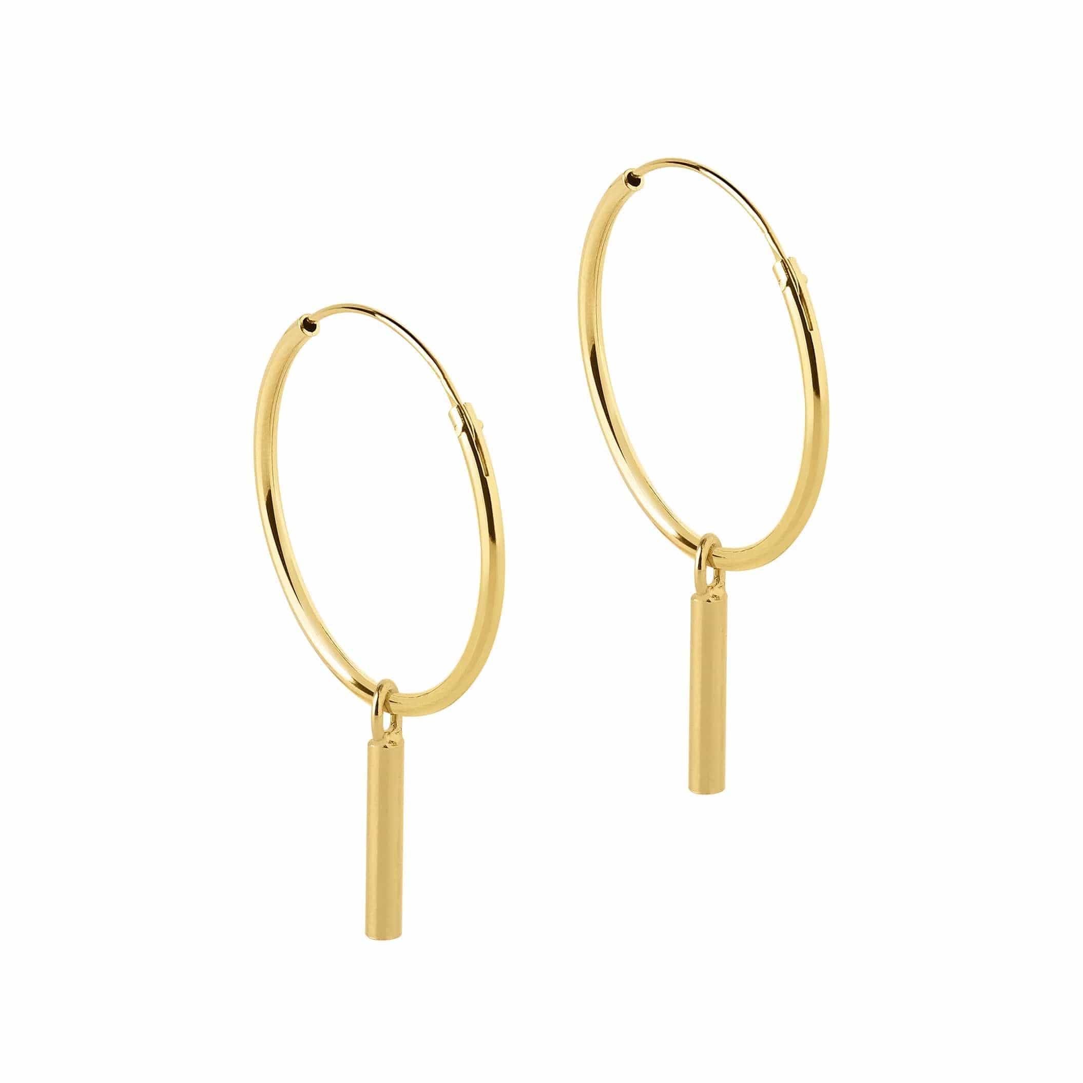 side view 18mm gold plated hoop earrings with long rod