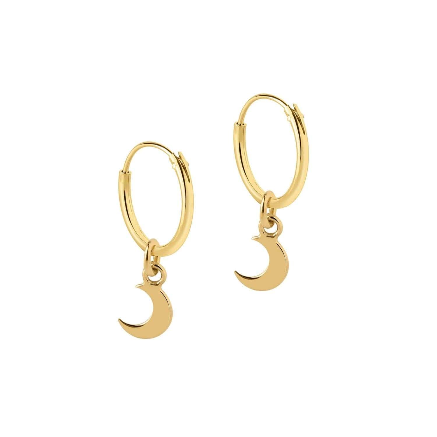 side view 12mm gold plated hoop with moon pendant