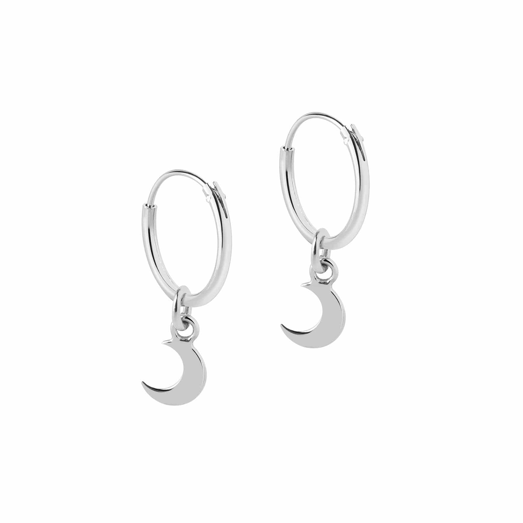 side view hoop earrings silver with moon pendant 12mm