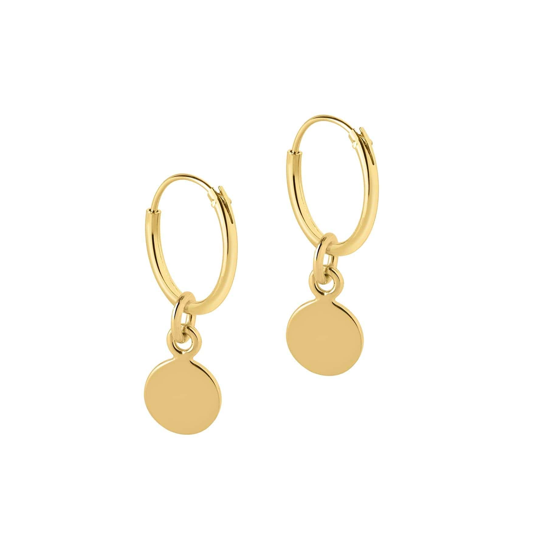 side view 12 mm gold plated hoop earrings with round pendant