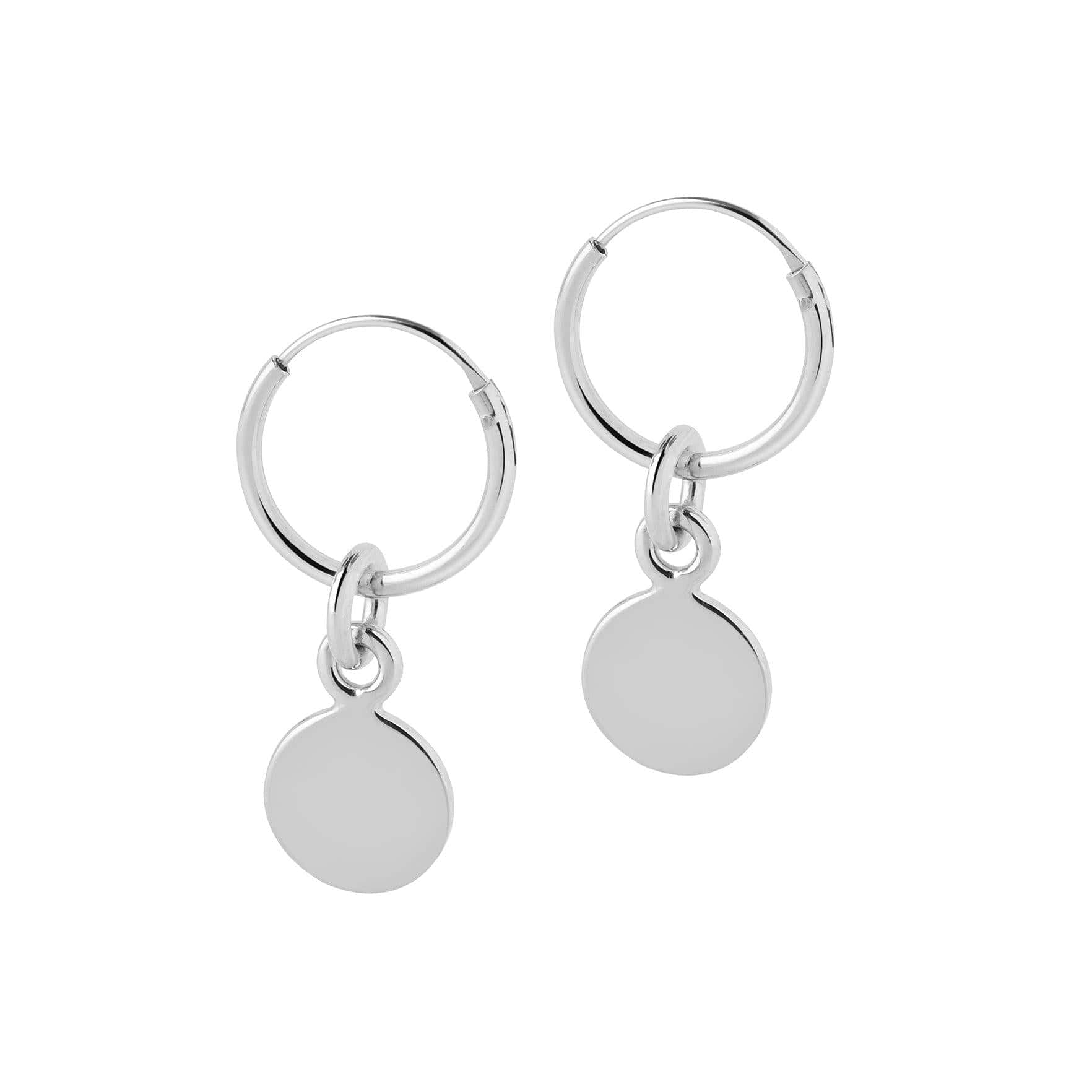 12 mm silver hoop earrings with round pendant