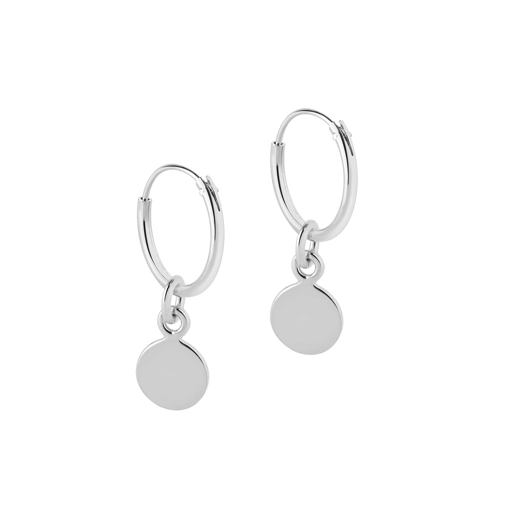 side view 12 mm silver hoop earrings with round pendant