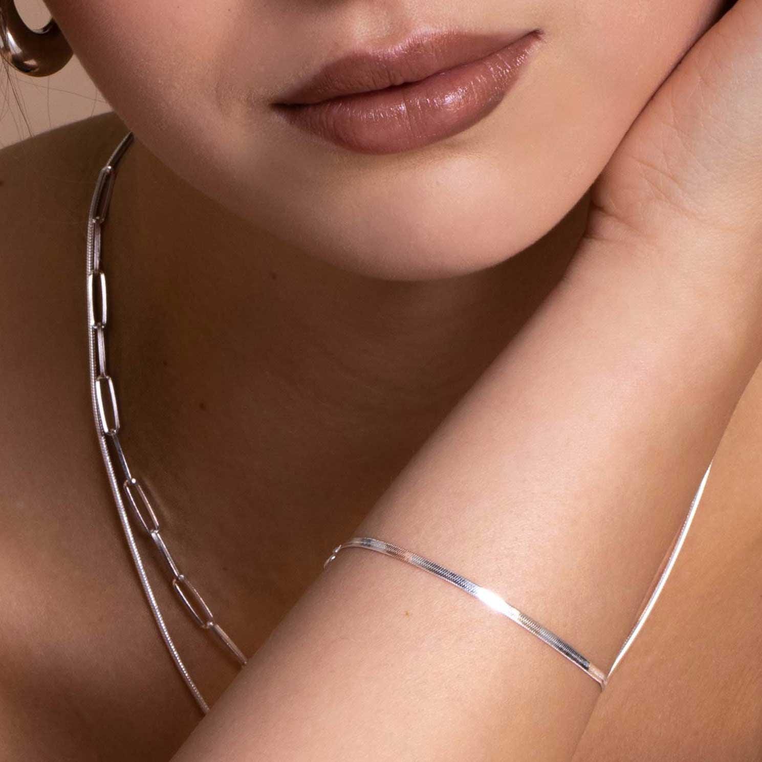 model with Silver Bracelet Flat Link