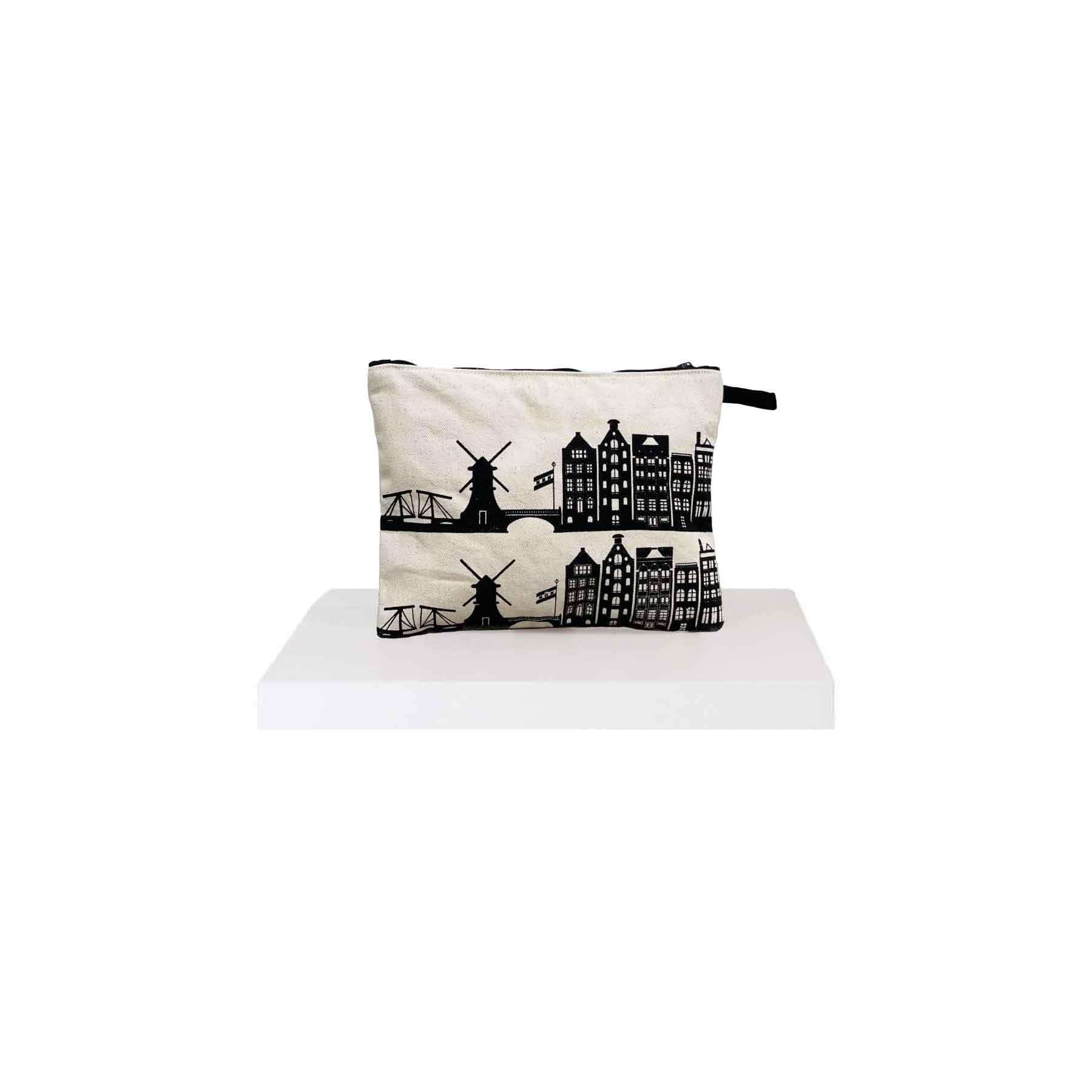 pouch with canal view in black and white print
