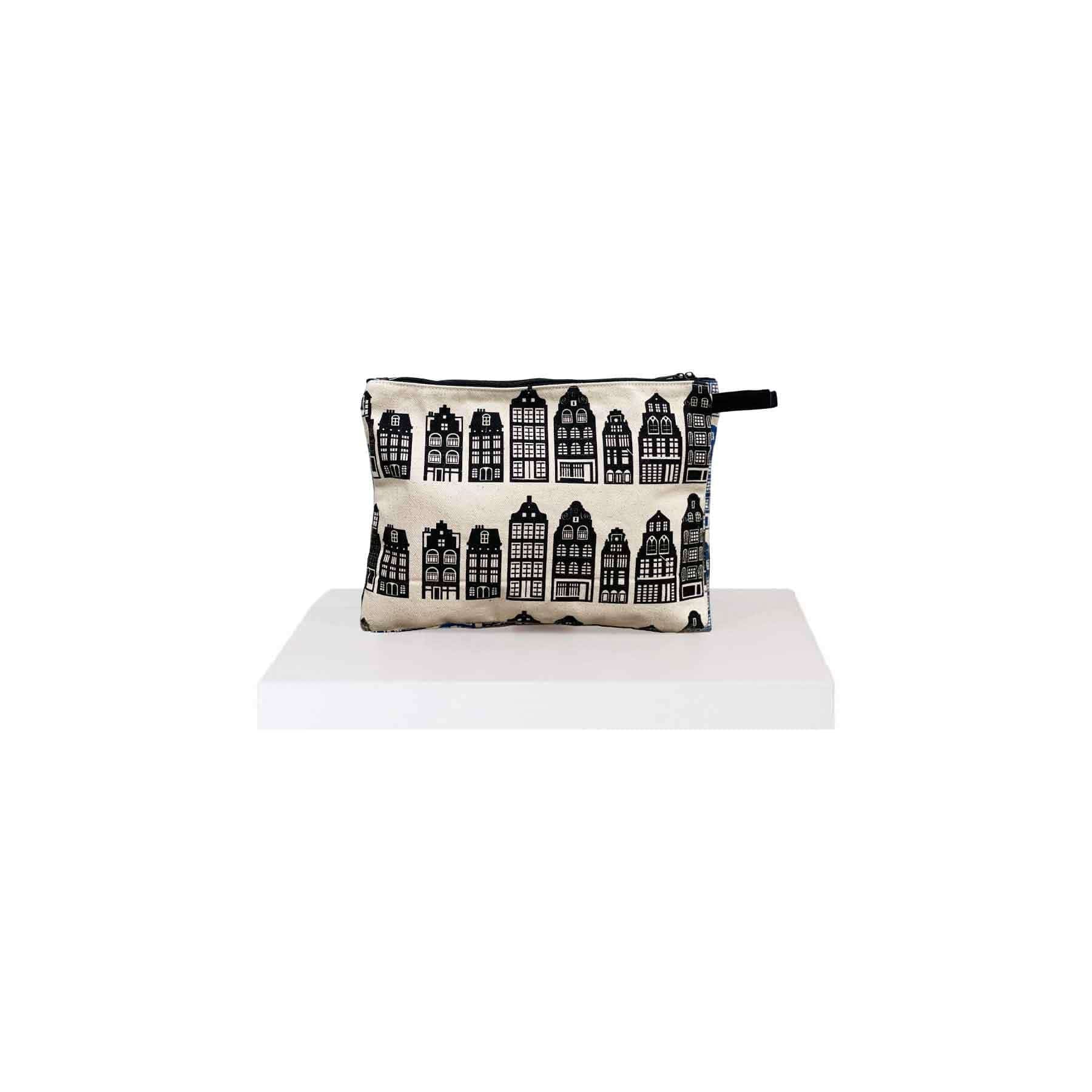 pouch with canal houses in black and white print