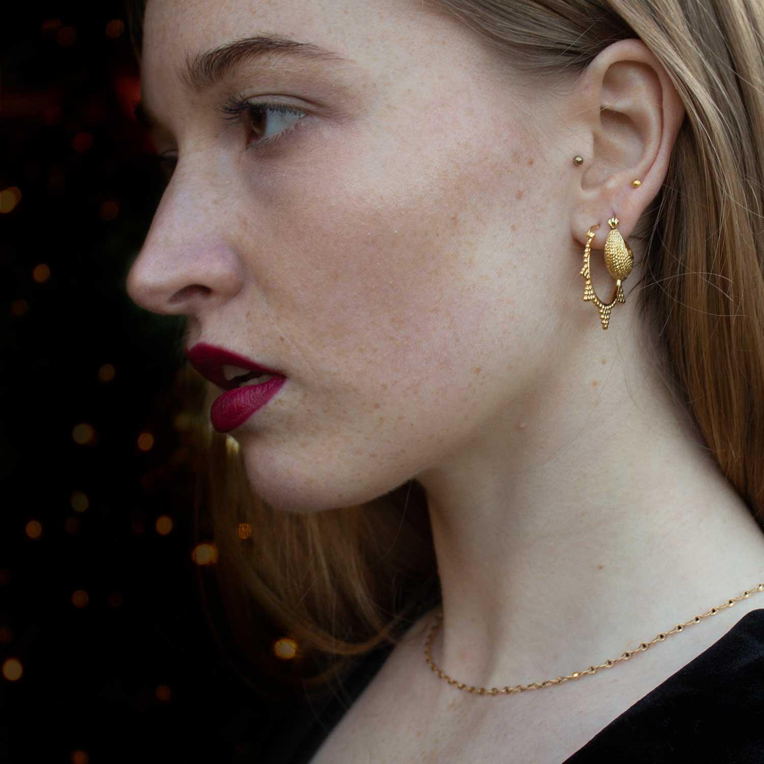 model with Gold Plated Indian Jaipur Hoop Earrings